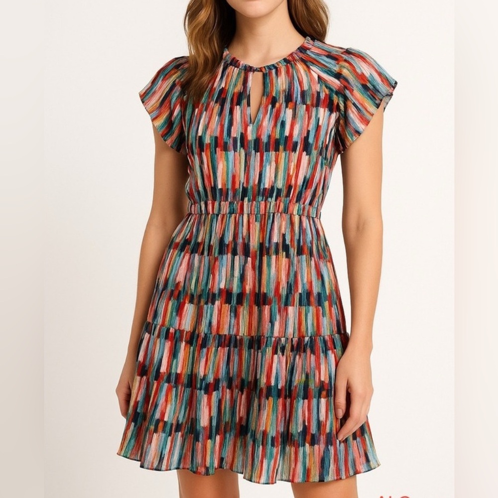 ✨ Marie Oliver Vibrant Mini Dress | Size S | Silk Rayon Boho Flutter Tiered